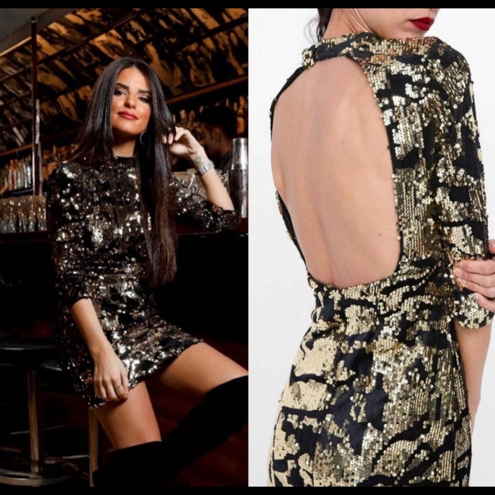 Zara Black and Gold Sequin Backless Mini Dress XS